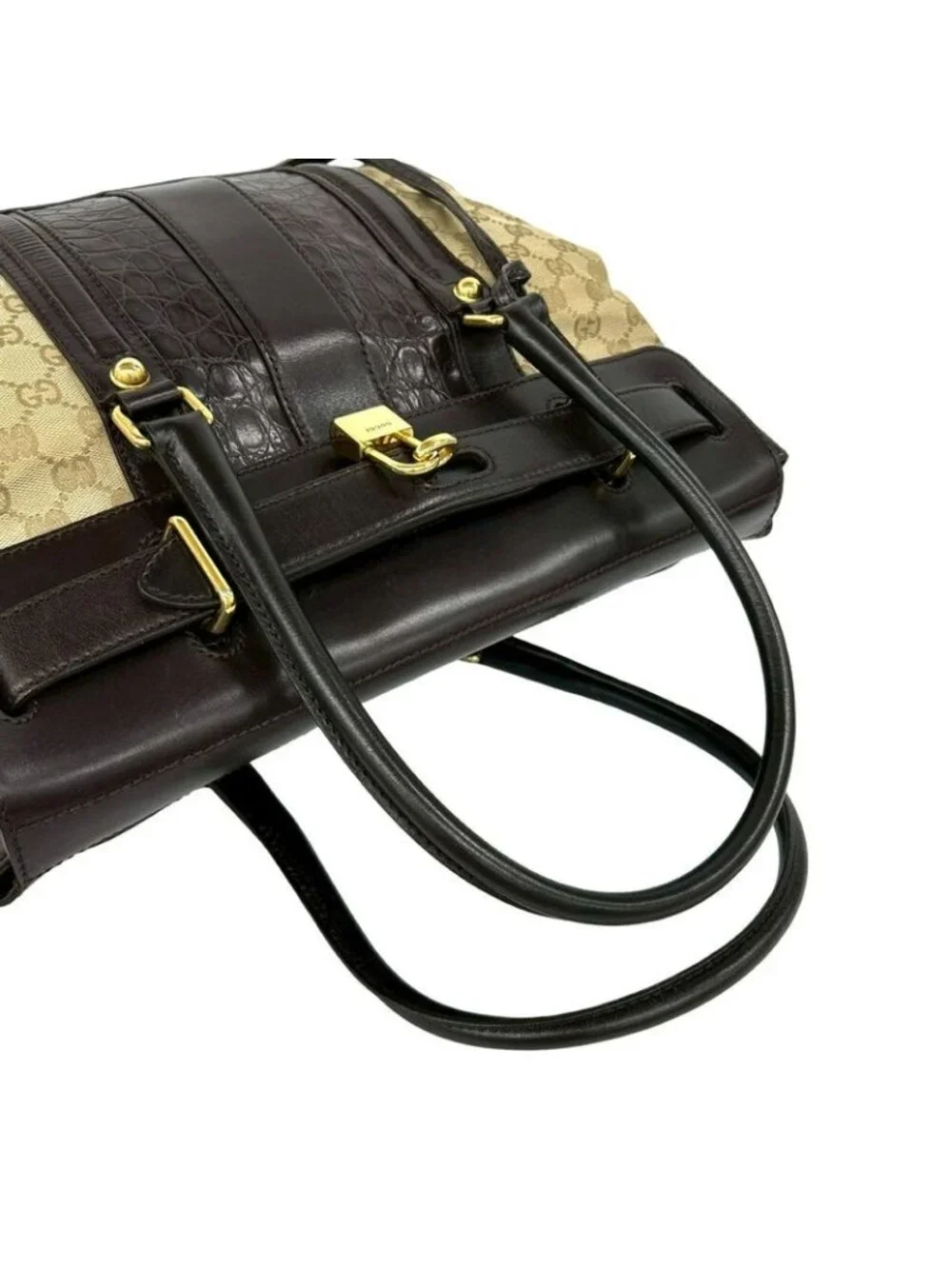 Gucci GG Canvas Croco Embossed Leather Tote Boston Bag Beige Brown - Picture 4 of 10